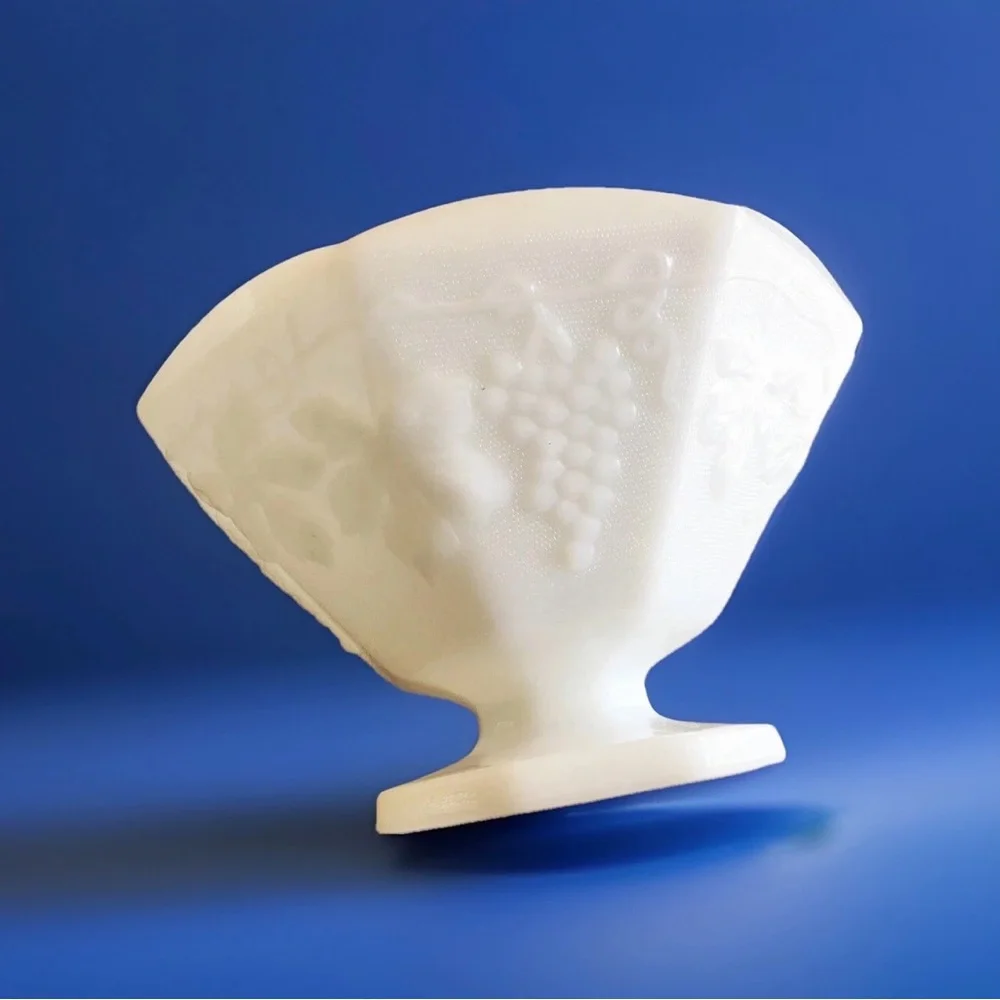 Milk Glass Fruit Bowl Pedestal Footed Grapevine Design Octogonal Shape Vintage